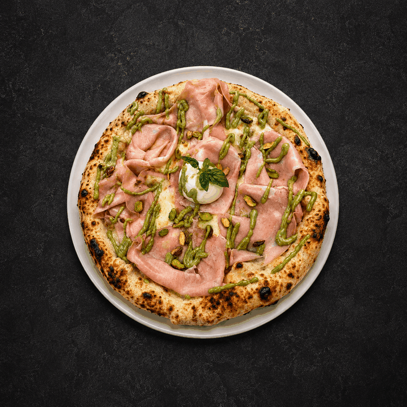 La Pistacchio pizza with pistachio cream and mortadella at LaPartenope in Corfu