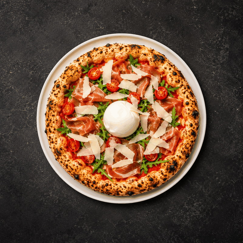 Primavera pizza with burrata and Parma ham at LaPartenope in Ipsos, Corfu
